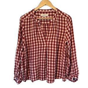 Loft red plaid balloon sleeve pop over top Medium